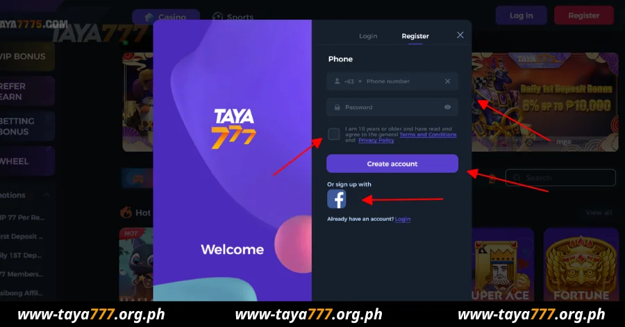 Fill information to register Taya777